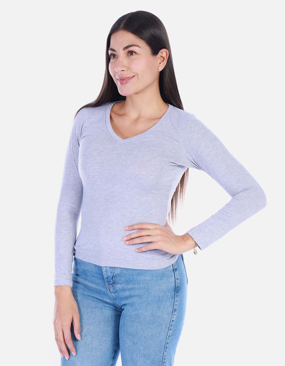 Camiseta manga larga básica para mujer cuello en V