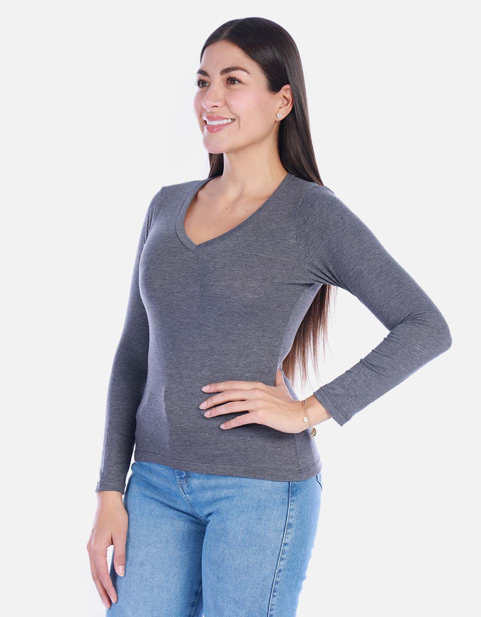 Camiseta manga larga básica para mujer cuello en V