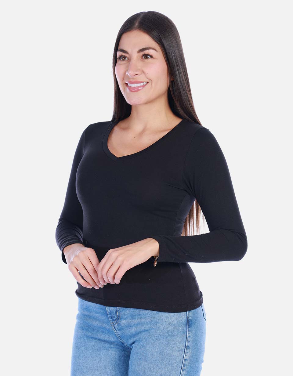 Camiseta manga larga básica para mujer cuello en V