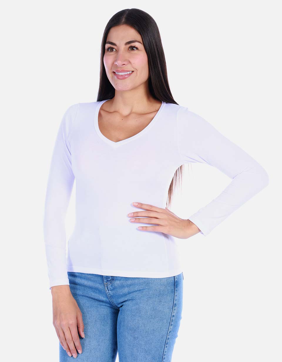 Camiseta manga larga básica para mujer cuello en V