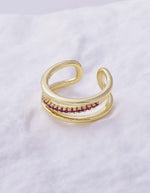 Anillo Ajustable Doble Banda con Zircones Rojos para Mujer