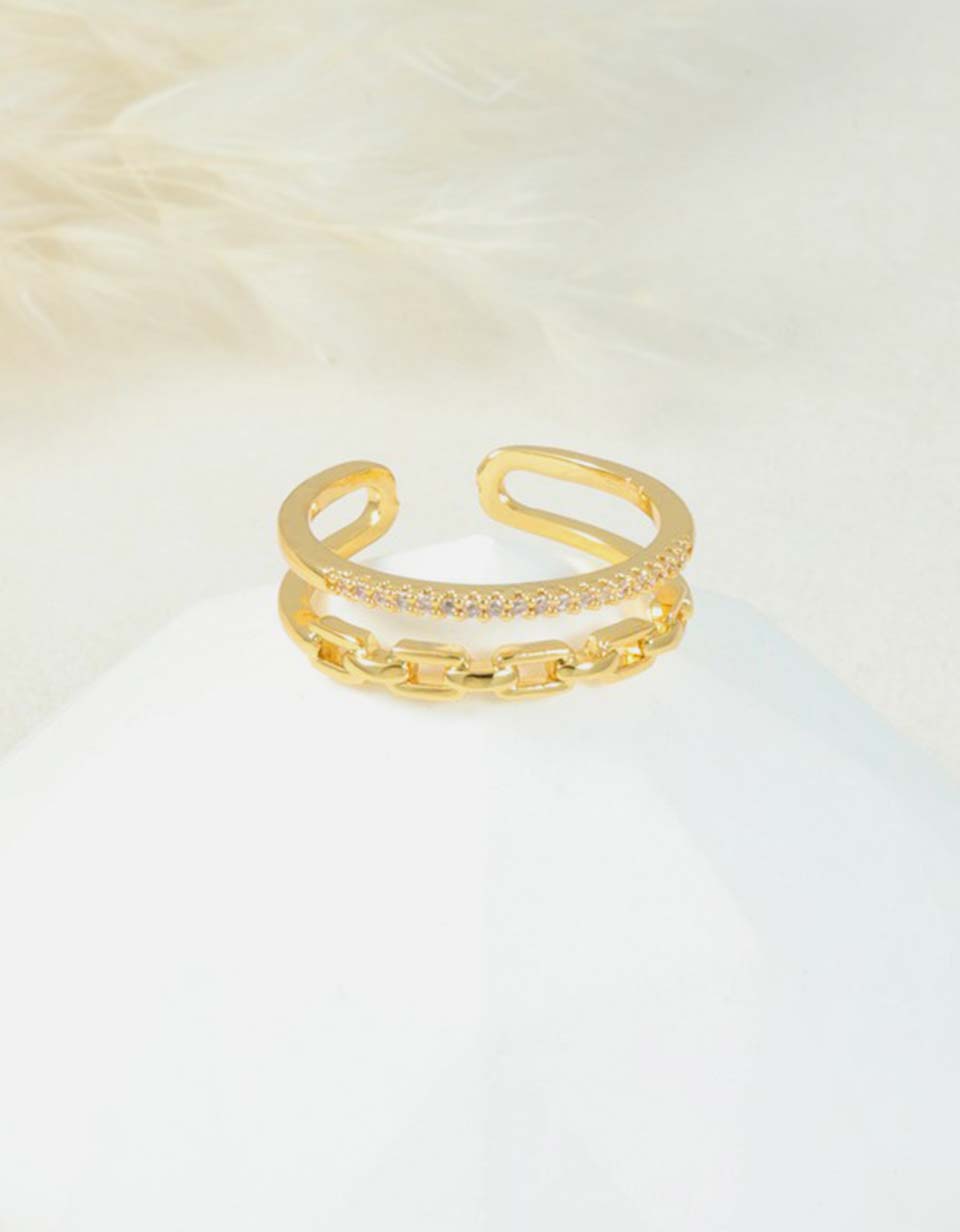Anillo Ajustable Doble Banda con Zircones para Mujer