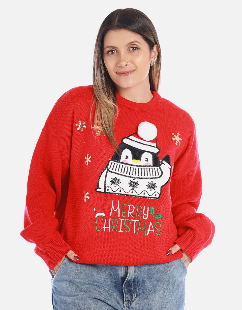 Buzo navideño de pingüino para mujer