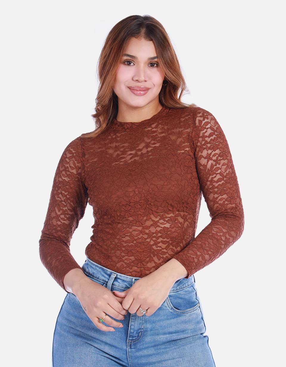 Body de Encaje para Mujer Manga Larga y Cuello Alto