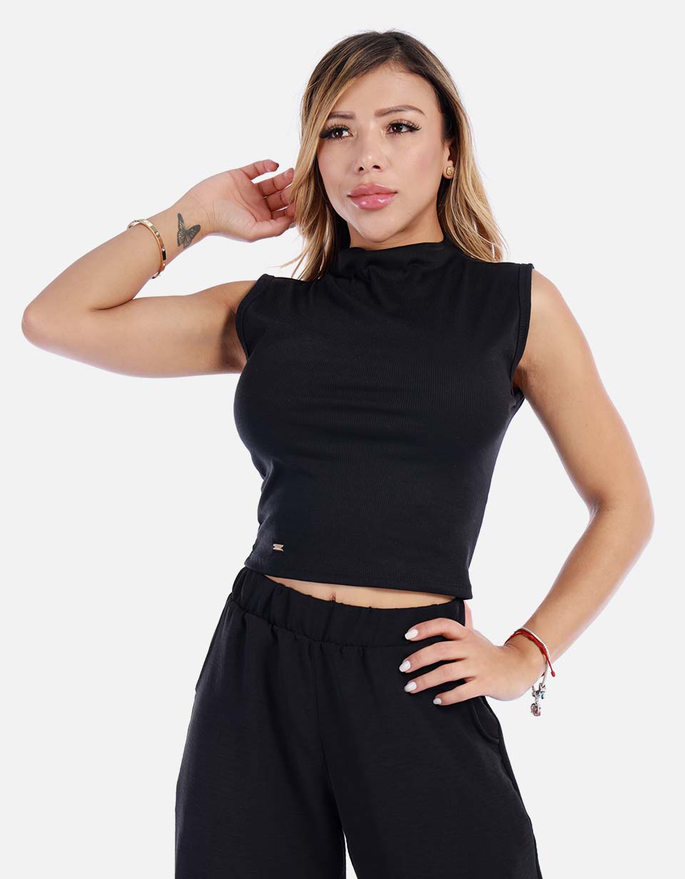 Blusa mujer manga sisa básica cuello alto