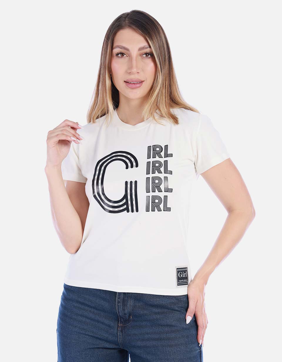 Camiseta Blanca Estampada de Algodón