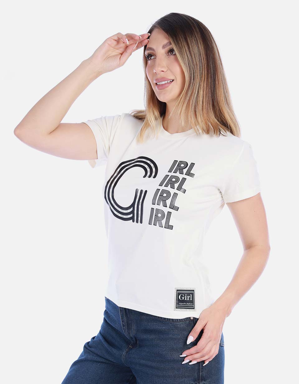 Camiseta Blanca Estampada de Algodón