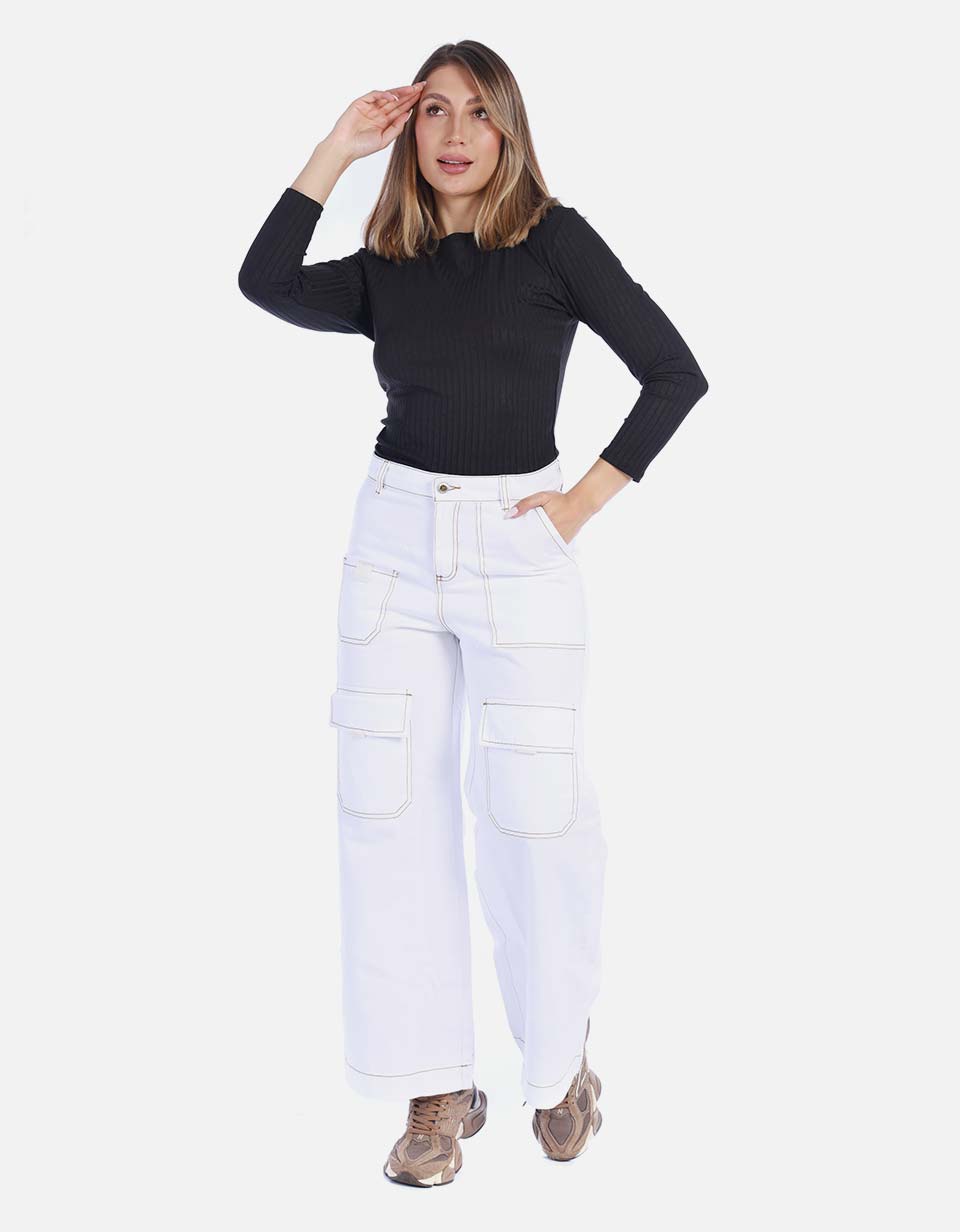 Jean Blanco Rígido con Bolsillos para Mujer
