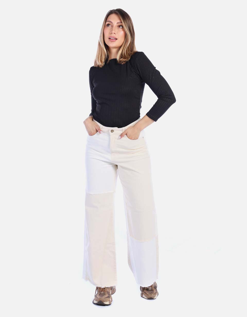 Jean Bicolor Rígido de Tiro Alto Mujer