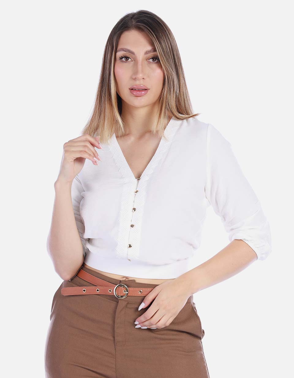 Blusa Cuello en V Blanca con Botones