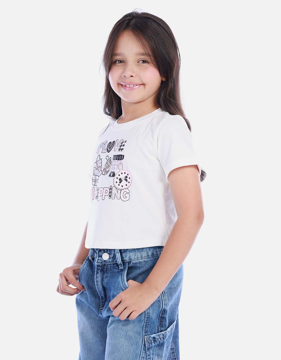 Blusa Blanca Corta con Estampado de Letras Urbanas para Niña