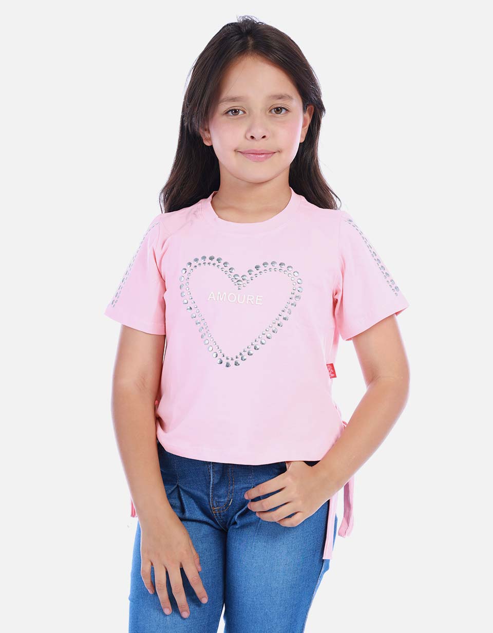 Blusa Rosada con Corazón de Apliques Brillantes para Niña
