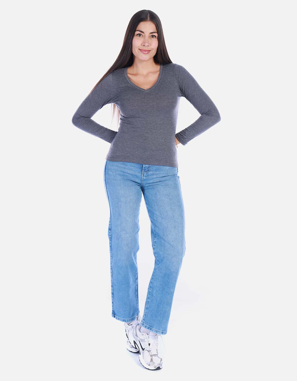 Camiseta manga larga básica para mujer cuello en V