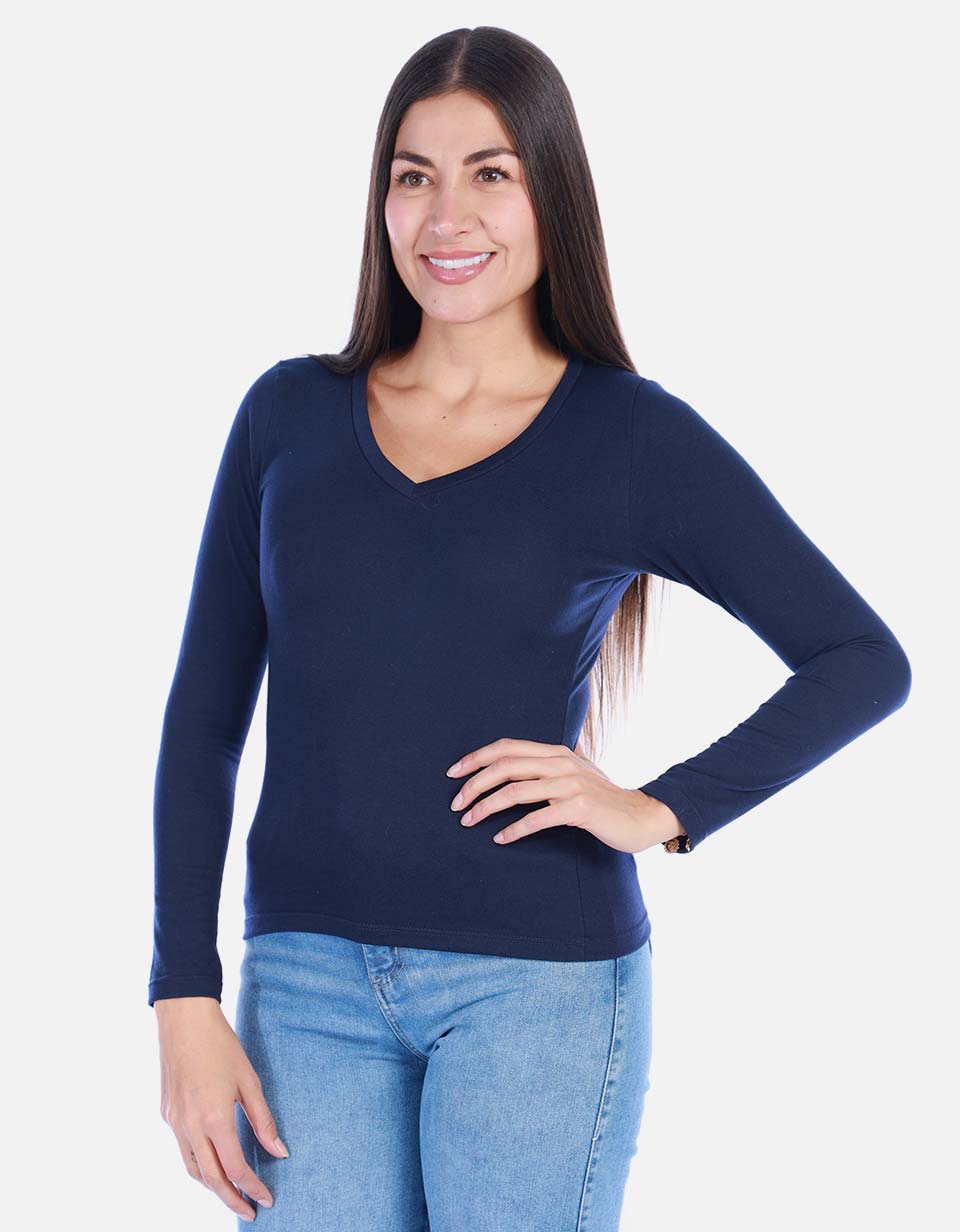 Camiseta manga larga básica para mujer cuello en V