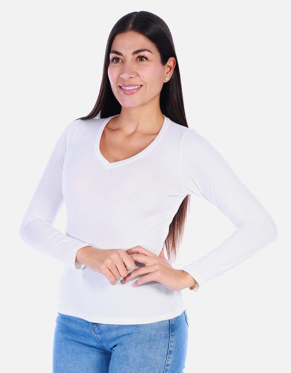 Camiseta manga larga básica para mujer cuello en V