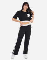 Conjunto mujer bicolor con top crop y pantalón recto