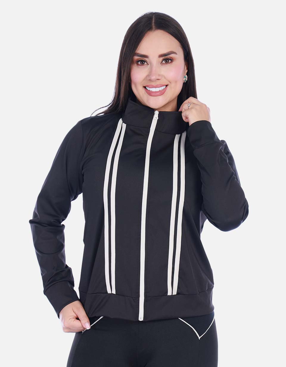 Chaqueta Deportiva con Cierre y Franjas Contraste Negra