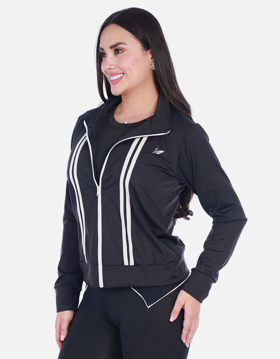 Chaqueta Deportiva con Cierre y Franjas Contraste Negra