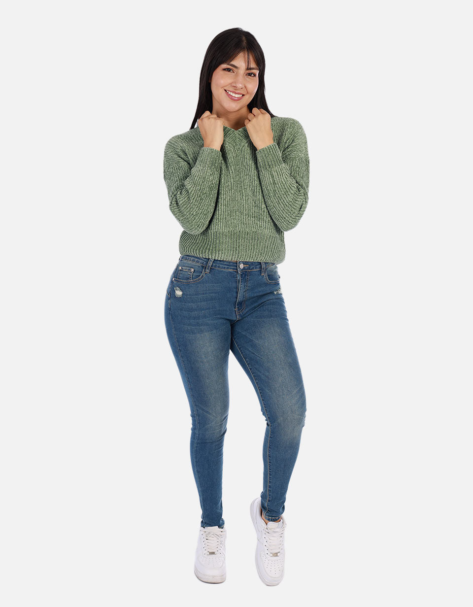 Buzo tejido en cuello V Mujer