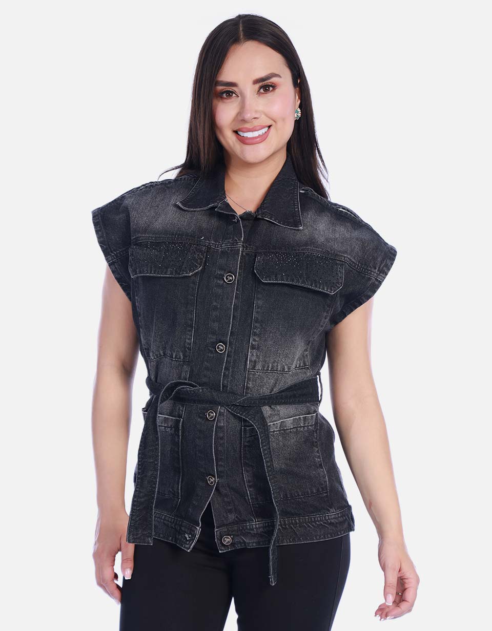 Chaleco Denim Tipo Jaqueta Manga Rodada con Cinturón y Apliques