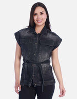 Chaleco Denim Tipo Jaqueta Manga Rodada con Cinturón y Apliques