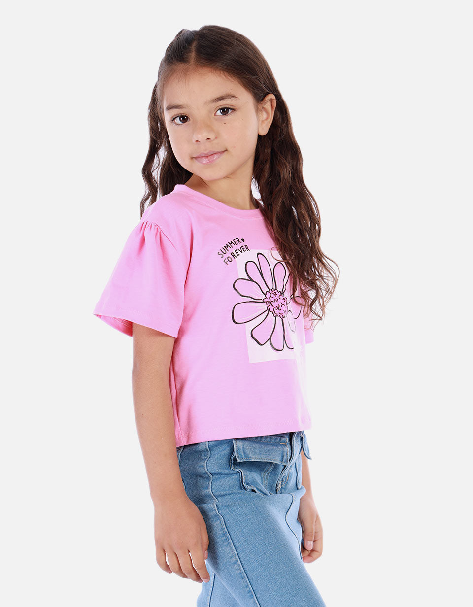 Camiseta crop para niña con estampado floral y mensaje positivo