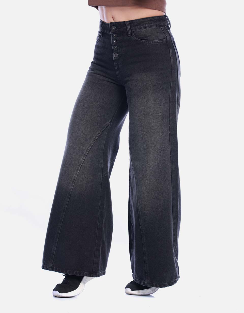Jean Wide Leg Tiro Alto 100% Algodón con Botonadura Expuesta