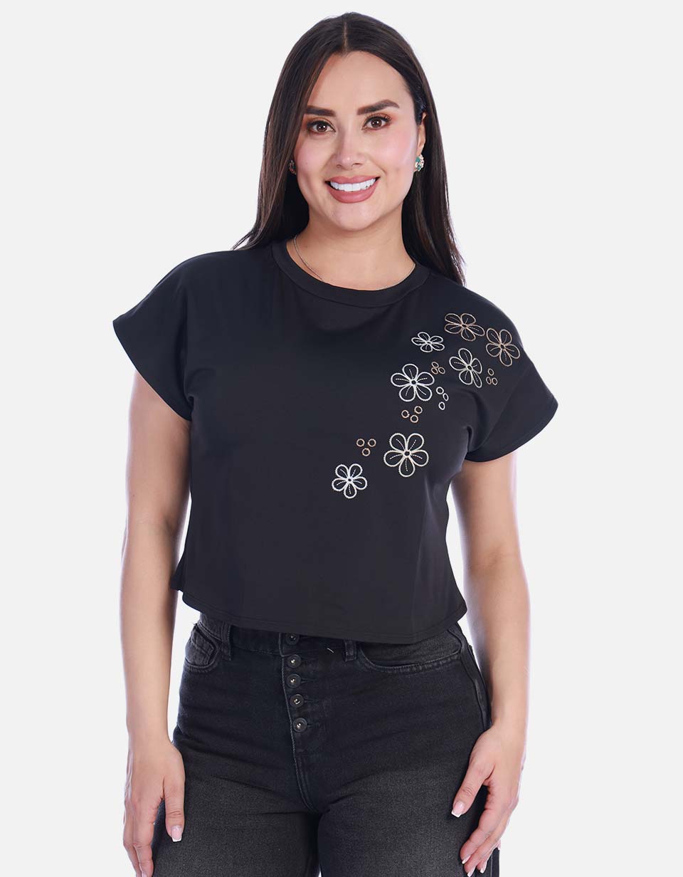 Crop Top Casual en Algodón con Detalle Floral Bordado