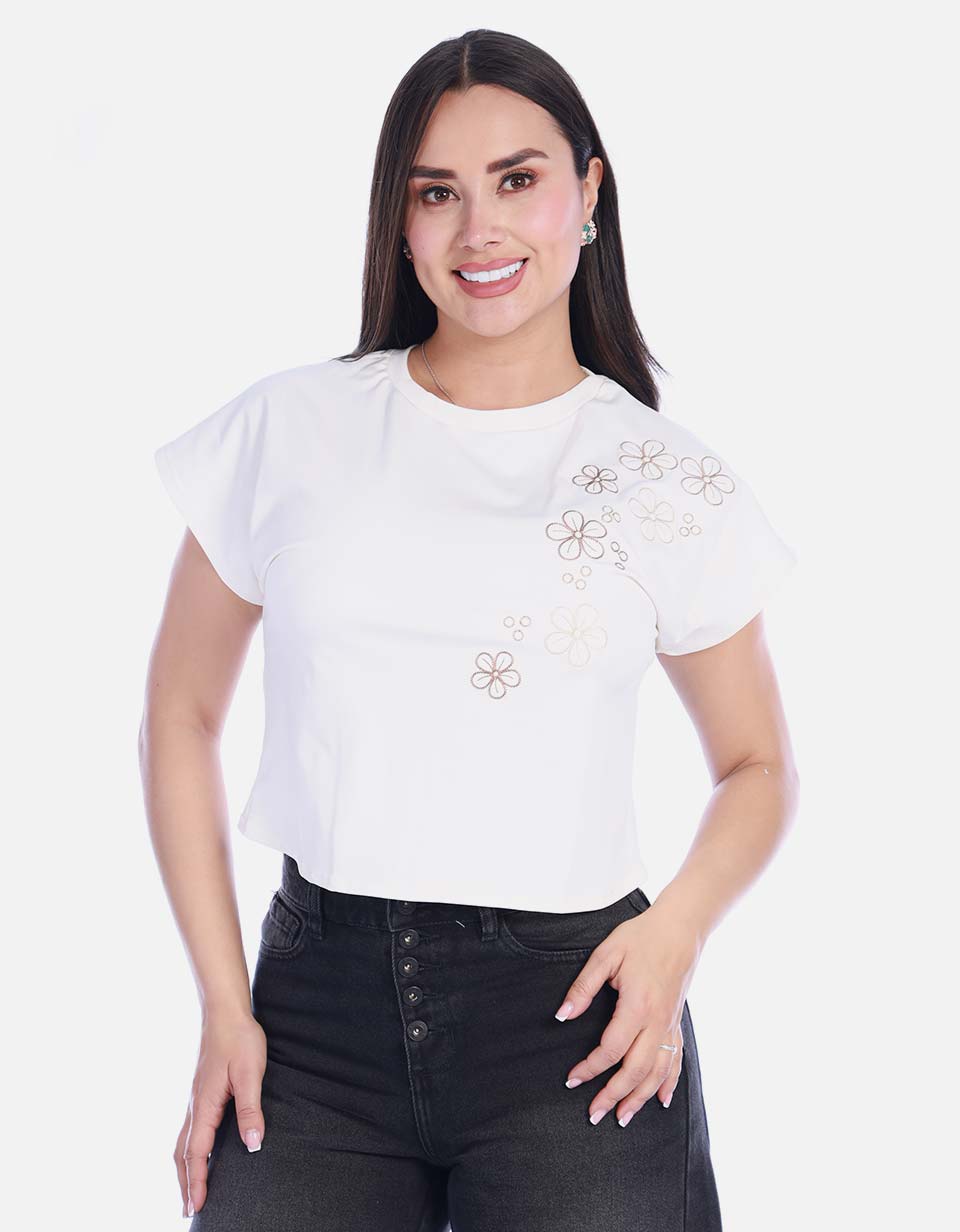 Crop Top Casual en Algodón con Detalle Floral Bordado