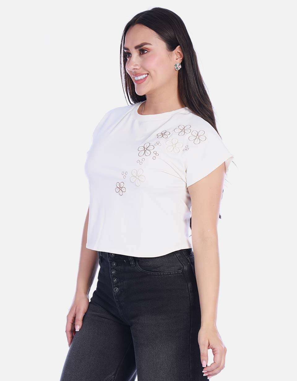 Crop Top Casual en Algodón con Detalle Floral Bordado