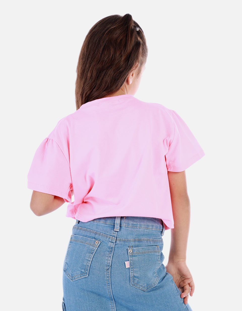 Camiseta crop para niña con estampado floral y mensaje positivo