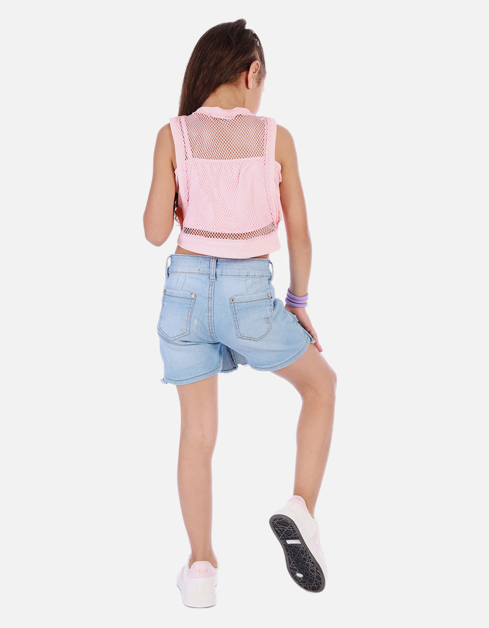 Blusa urbana para niña con diseño en malla y top interior