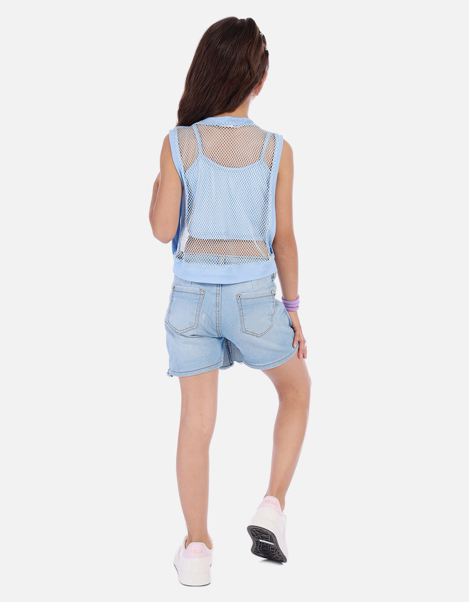 Blusa urbana para niña con diseño en malla y top interior