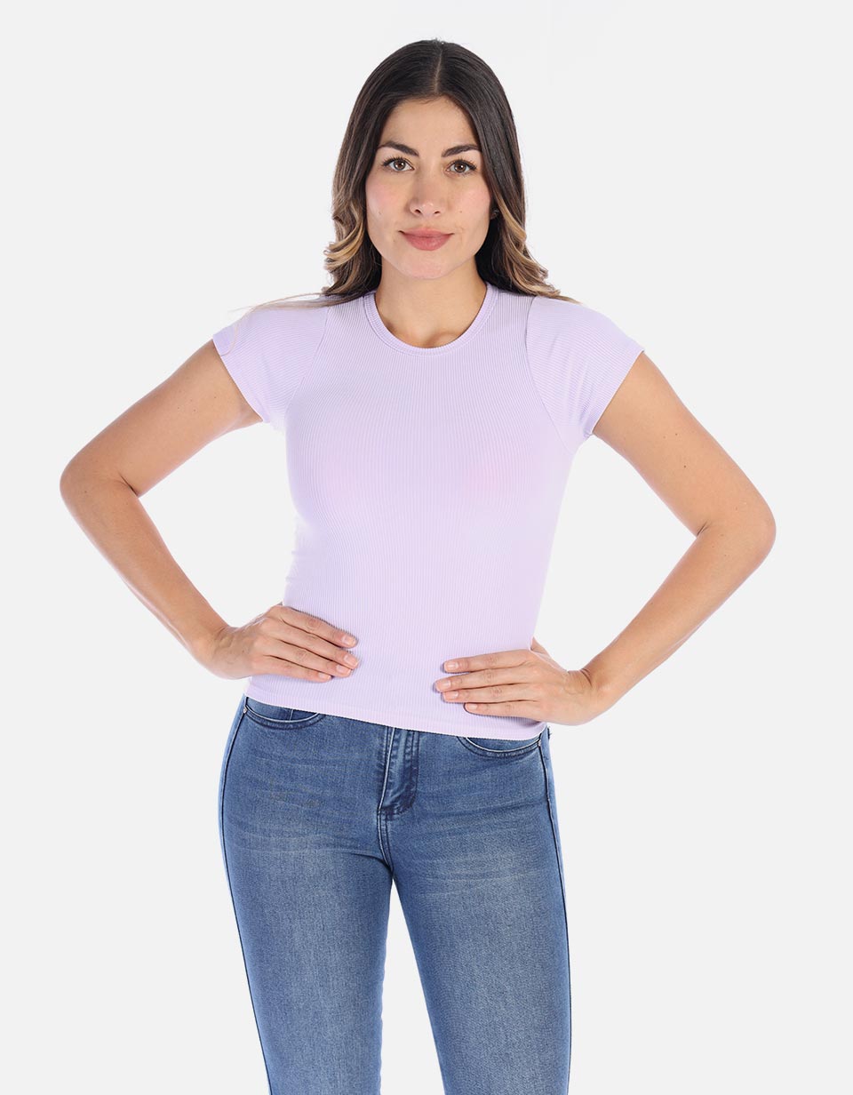 Camiseta básica manga corta en rib cuello redondo Mujer