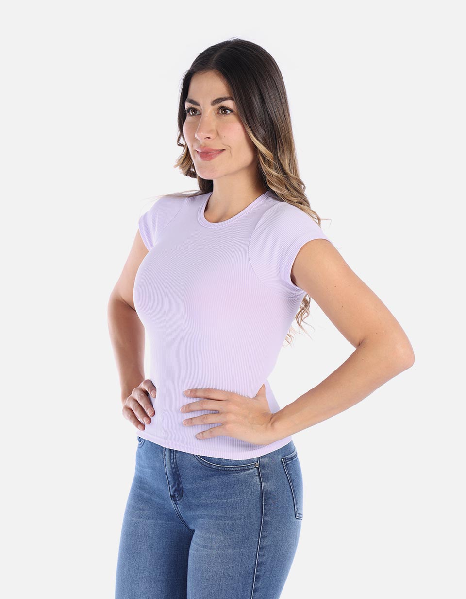 Camiseta básica manga corta en rib cuello redondo Mujer