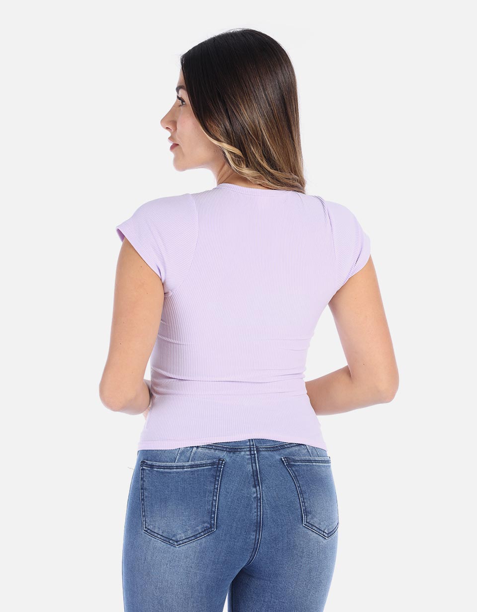 Camiseta básica manga corta en rib cuello redondo Mujer