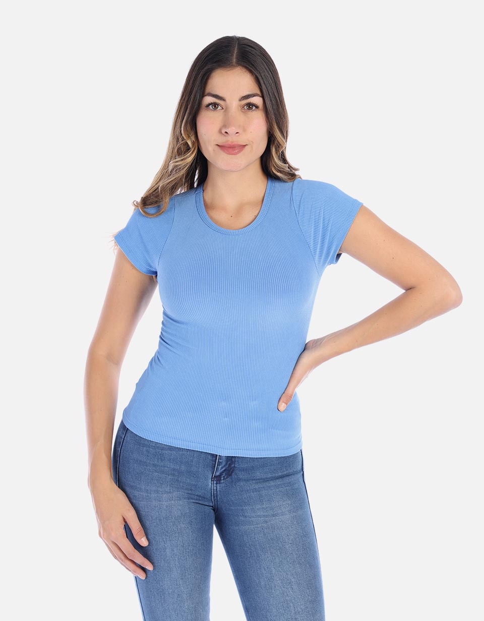 Camiseta básica manga corta en rib cuello redondo Mujer