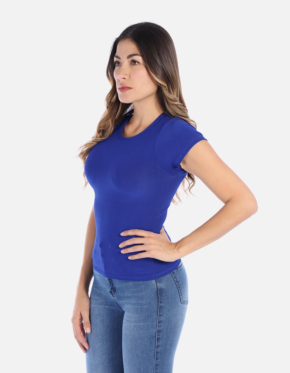 Camiseta básica manga corta en rib cuello redondo Mujer