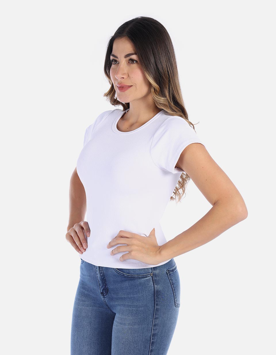 Camiseta básica manga corta en rib cuello redondo Mujer