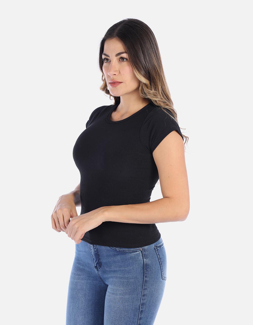 Camiseta básica manga corta en rib cuello redondo Mujer