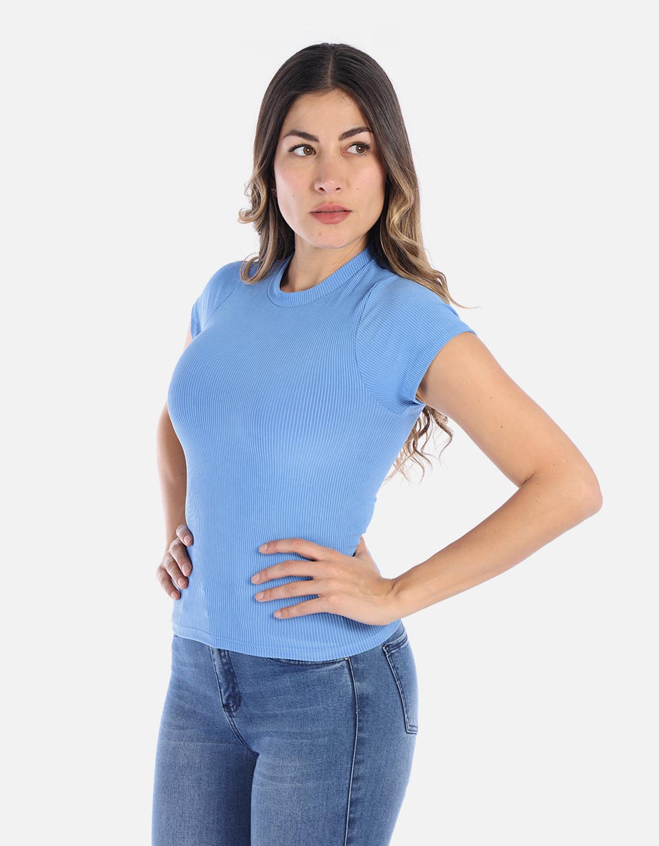 Camiseta básica Mujer ceñida en rib cuello redondo