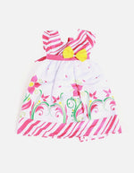 Vestido rayas con flores y lazo amarillo