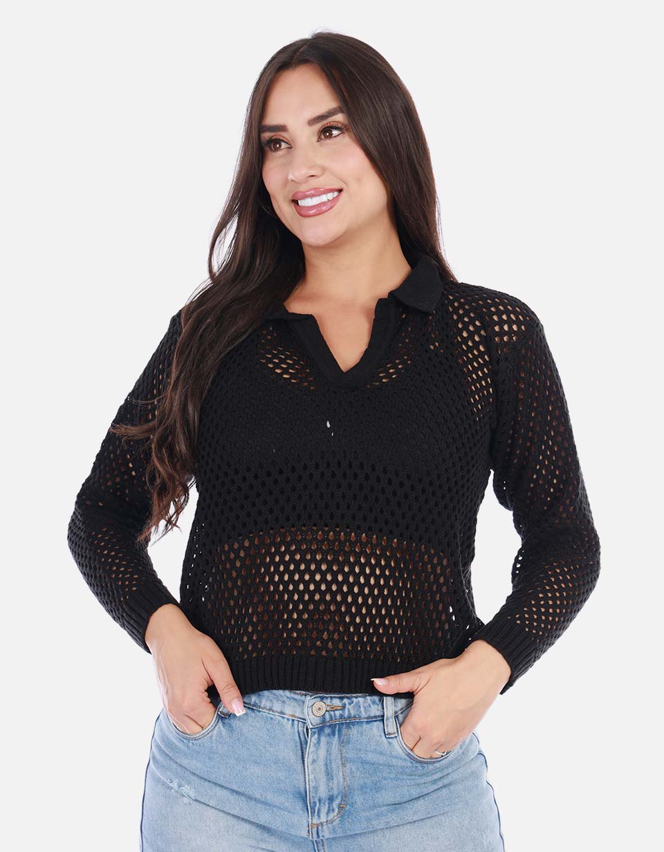 Buzo en punto calado cuello V mujer