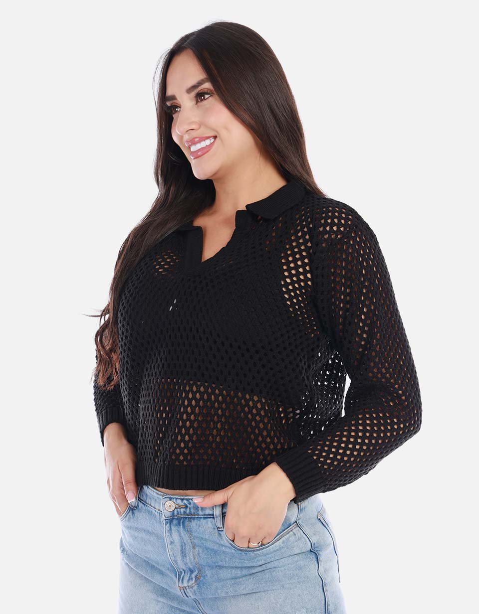 Buzo en punto calado cuello V mujer