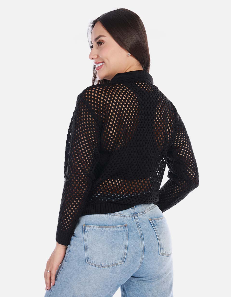 Buzo en punto calado cuello V mujer