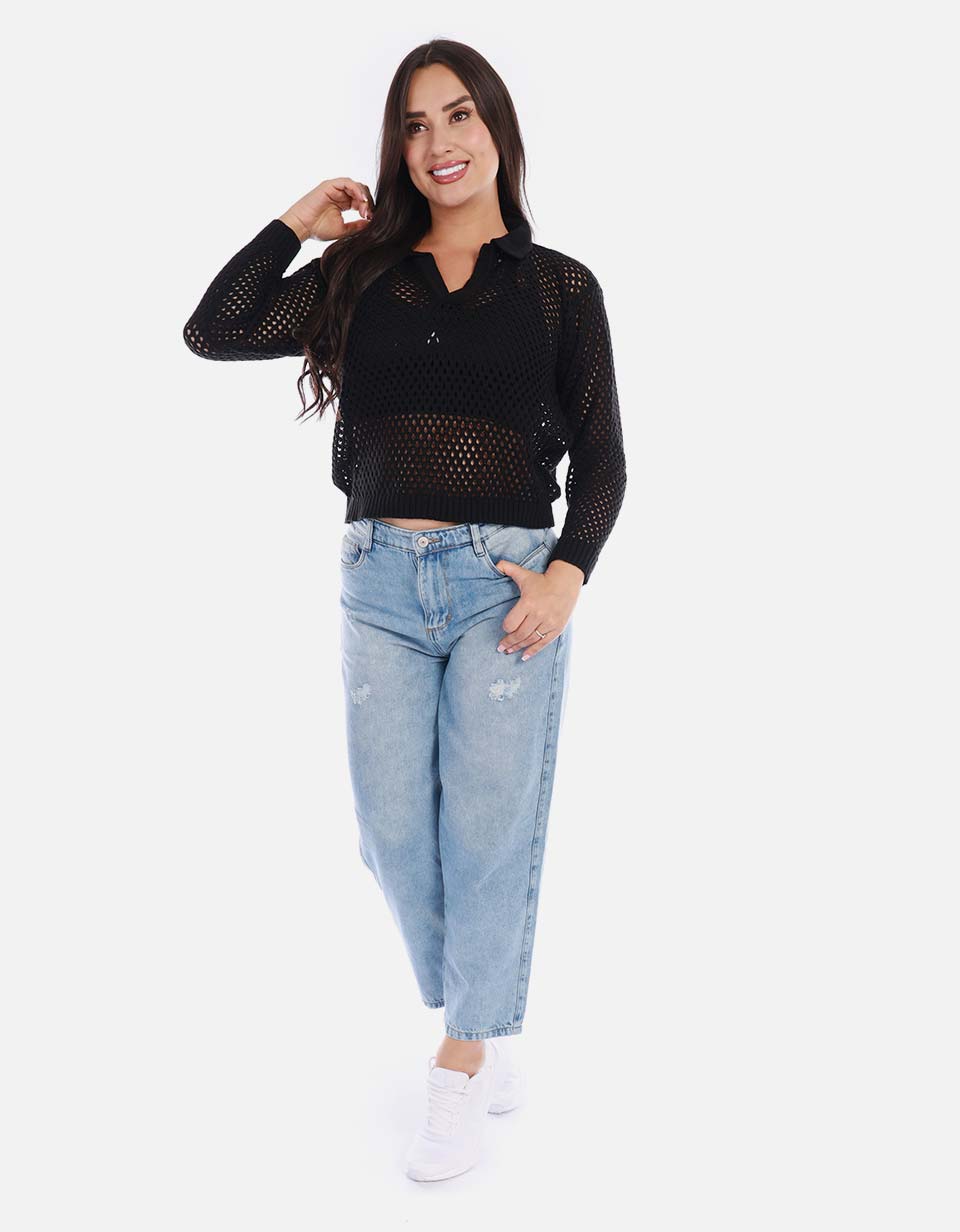Buzo en punto calado cuello V mujer
