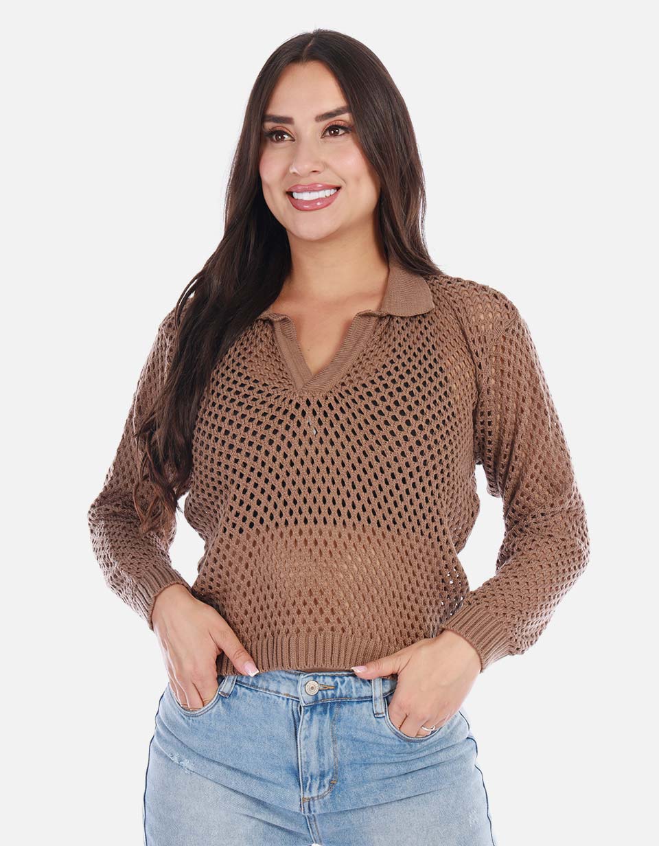 Buzo en punto calado cuello V mujer