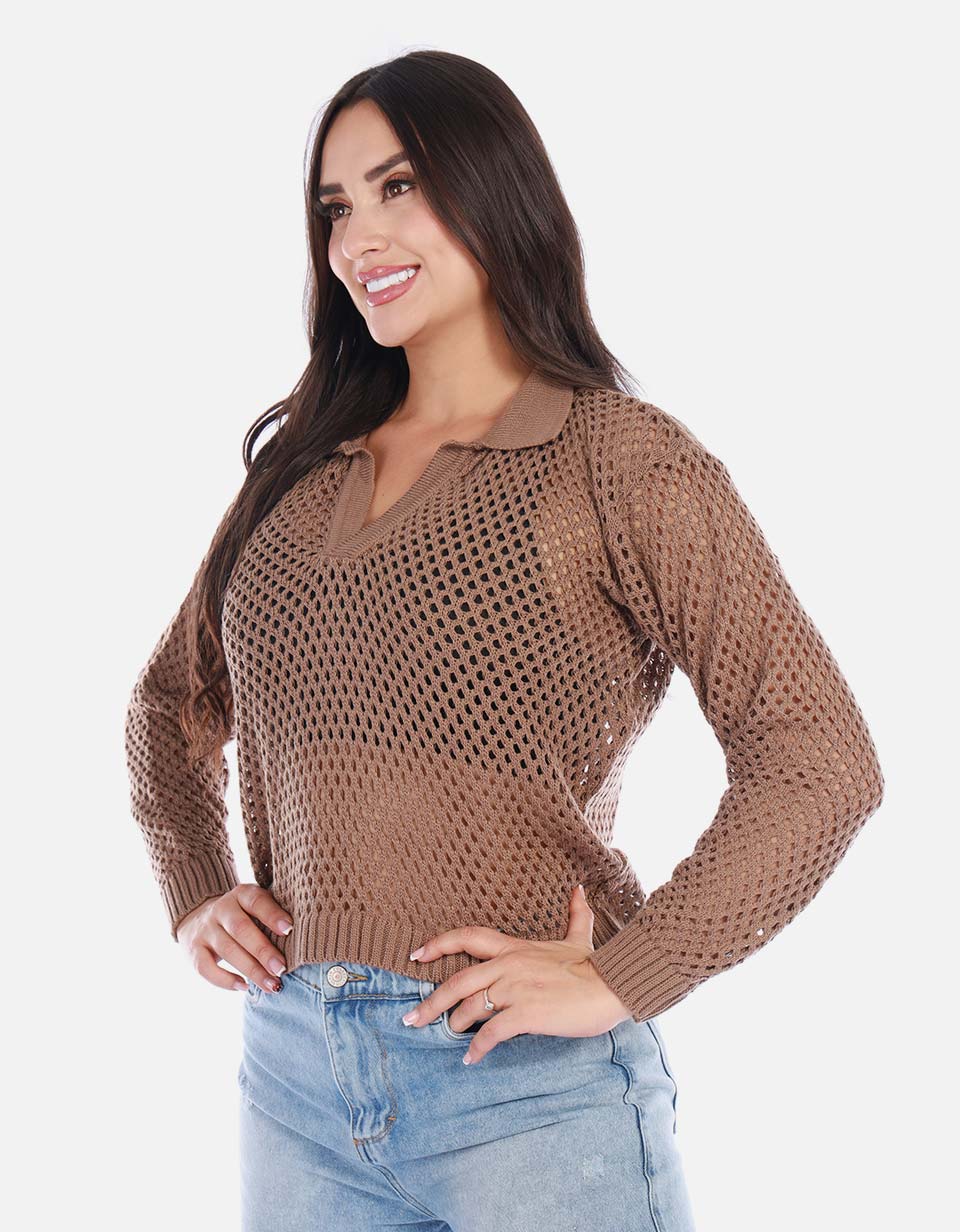 Buzo en punto calado cuello V mujer