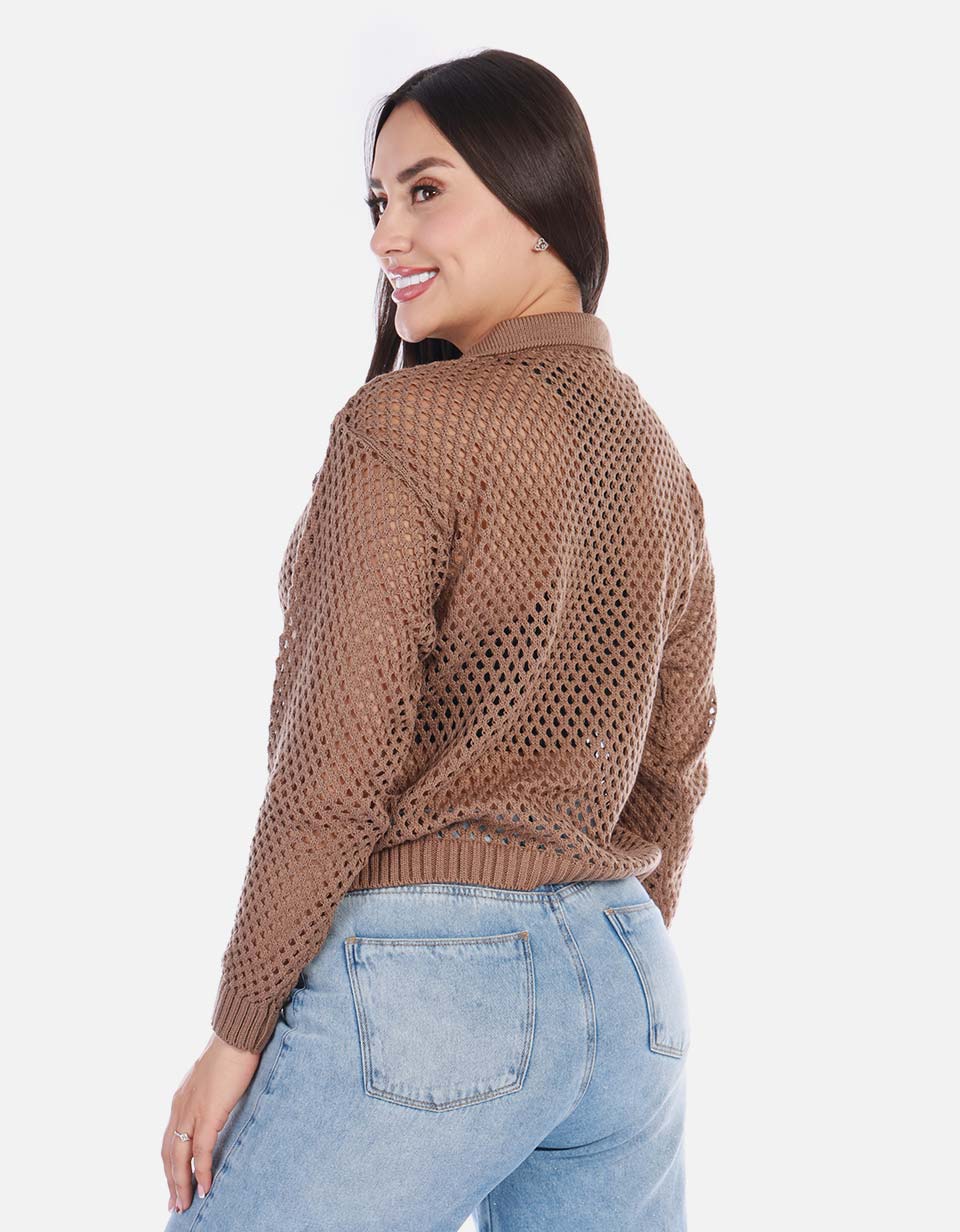 Buzo en punto calado cuello V mujer