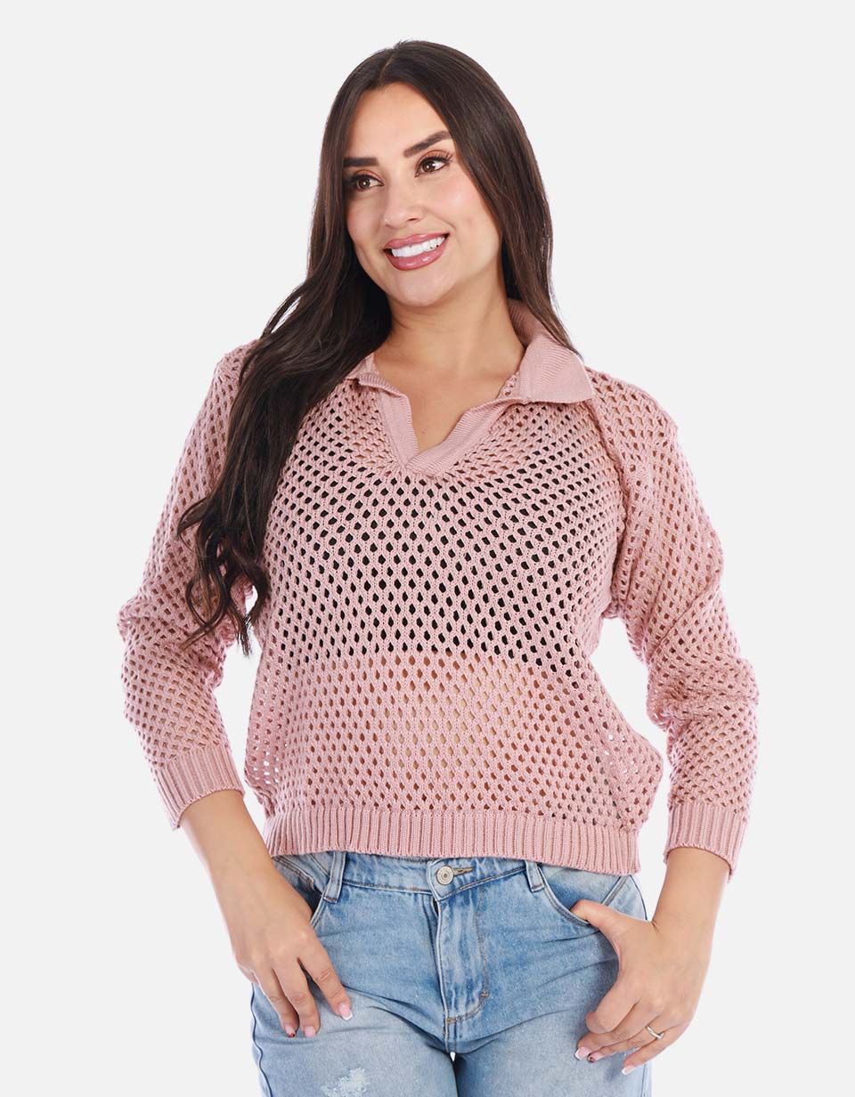 Buzo en punto calado cuello V mujer